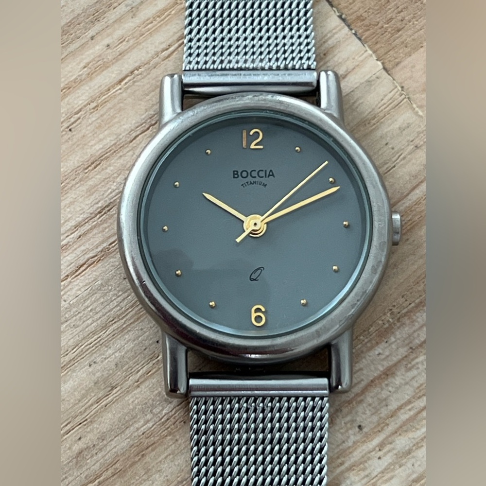 Boccia Titanium Watch All Titanium Mesh Bracelet, Case, Gray Dial Gold Hands